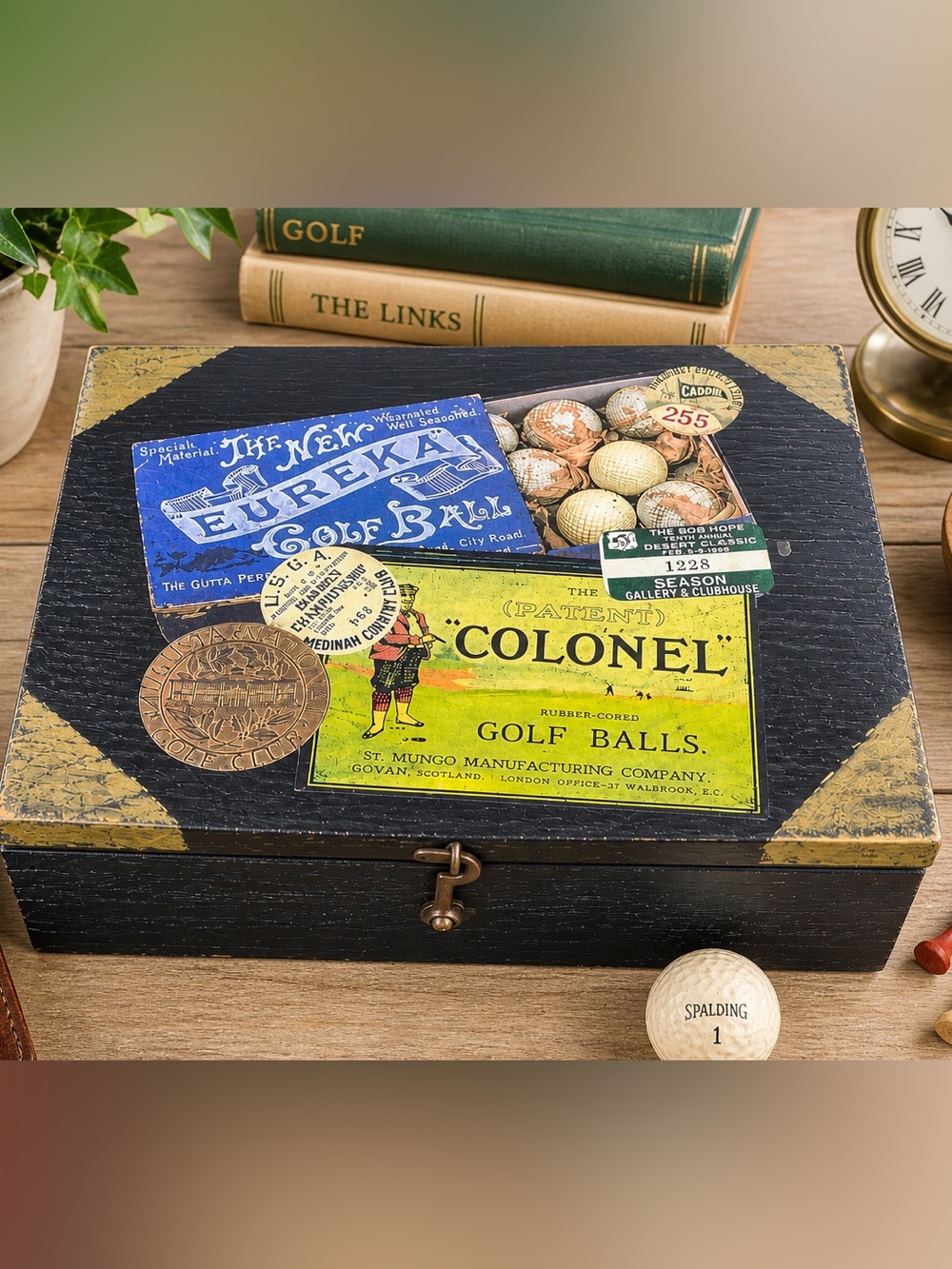 Vtg Colonel Golf Ball Wood Box Keepsake Storage Dad Gift Desk Office Organizer